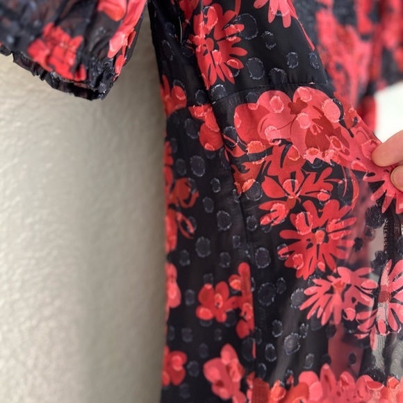 Truly Charming Black & Red Floral Puff Sleeve Cutout Midi Dress S NWOT - Picture 10 of 11